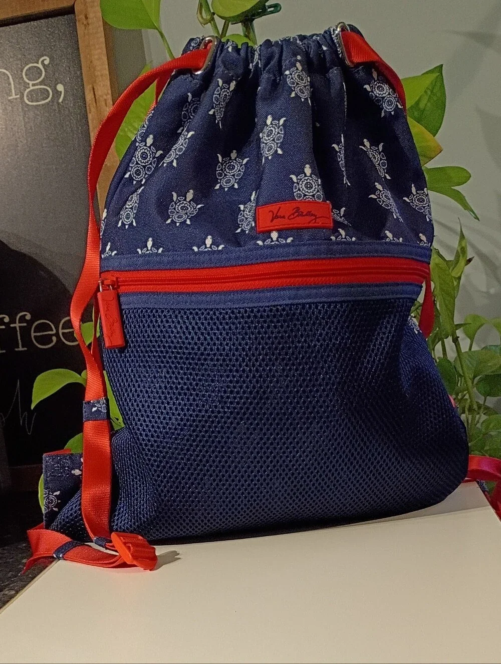 Vera Bradley Navy Drawstring Backpack with Red Trim